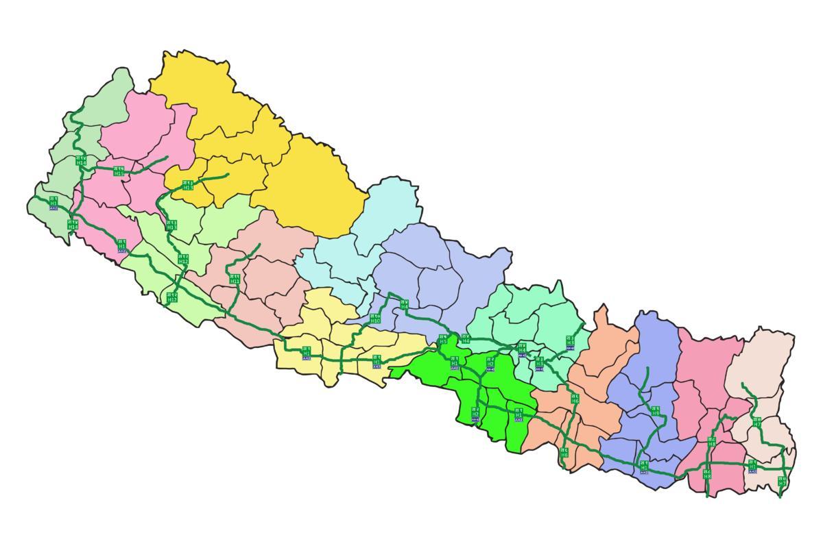 Kaart van nepal met die groot paaie