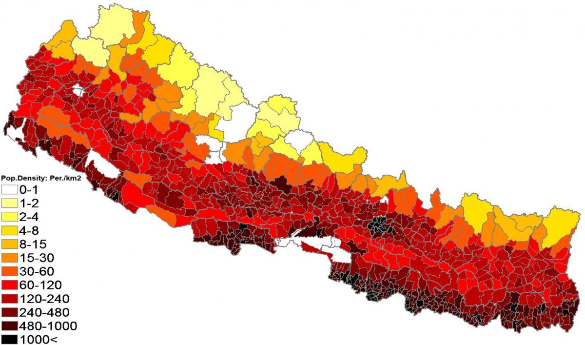 nepal bevolkingsdigtheid kaart