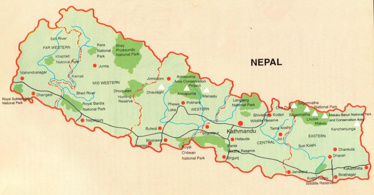 kaart van nepal met toeriste plekke