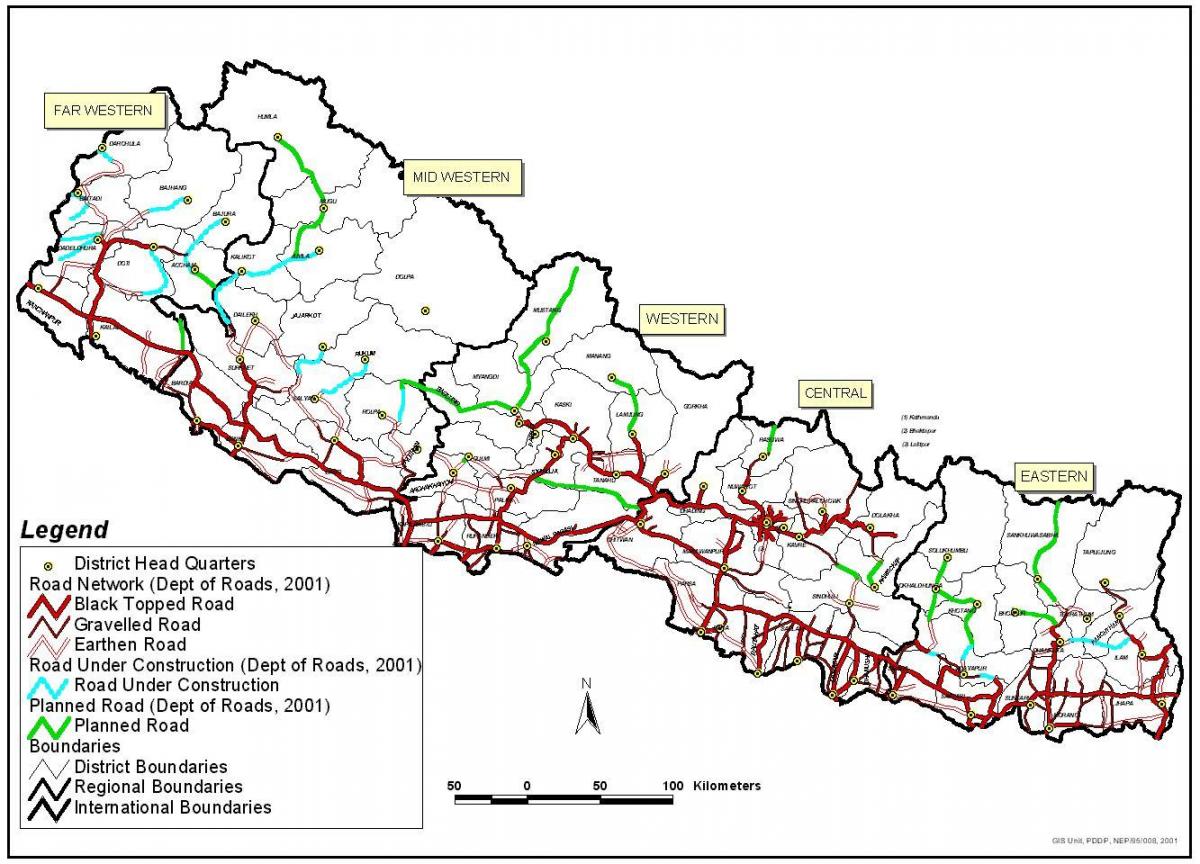 Kaart van die pad nepal met distrikte