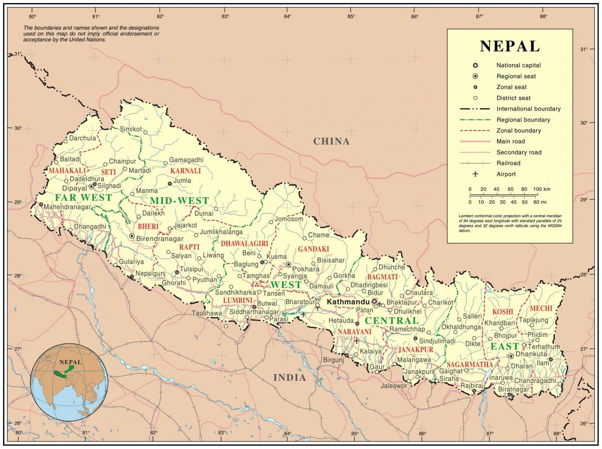 indië, nepal grens padkaart