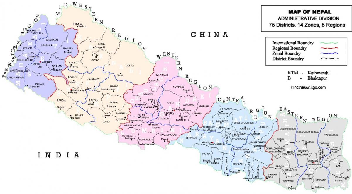 nepal politieke kaart met distrikte
