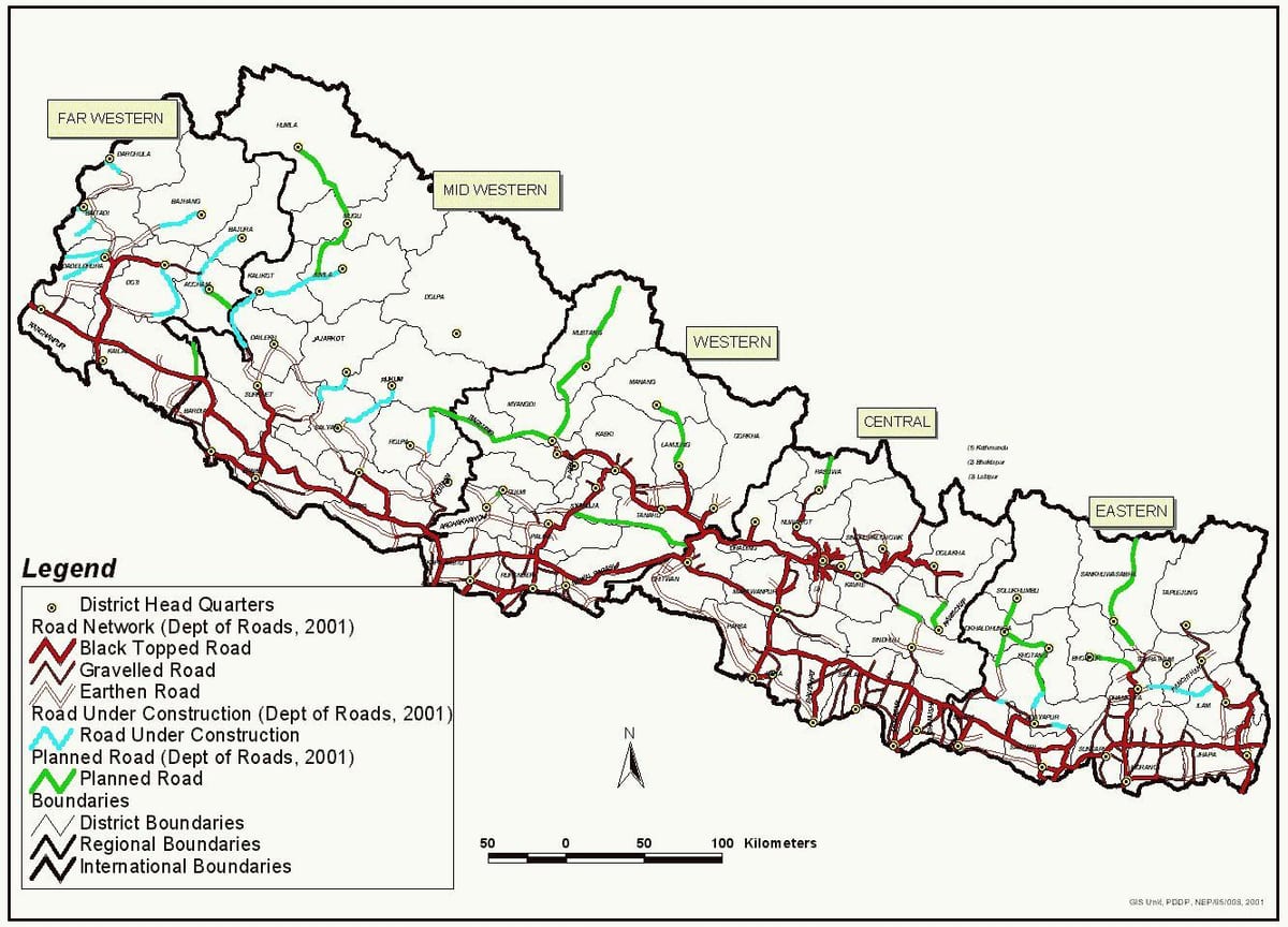 nepal kaart met snelweg