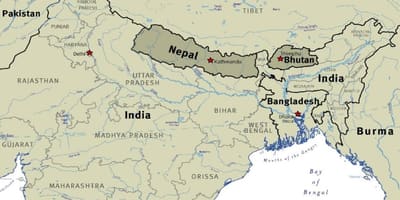 Kaart van bhoetan nepal en tibet